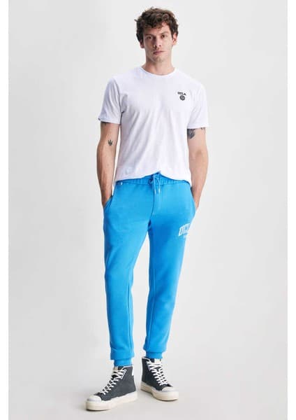 Ucla Otto Mavi Rahat Paça Nakışlı Standard Fit Erkek Eşofman Alt