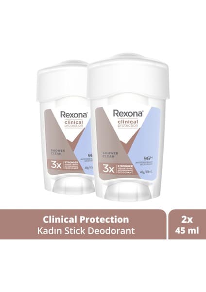 Rexona Clinical Protection Kadın Stick Deodorant Shower Clean 96 Saate Kadar Koruma 45 Ml X2 Adet