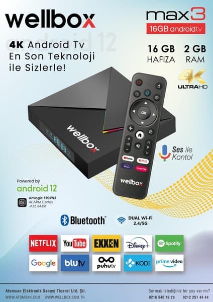 Wellbox Max3 Android TV Box Android 12 Sesli Komut 2gb Ram 16GB Hafıza ve Wi-Fi Desteği
