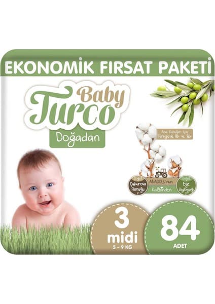 Baby Turco Doğadan Ekonomik Fırsat Paketi Bebek Bezi 3 Numara Midi 84 Adet