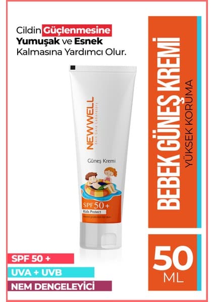 New Well Çocuklar İçin SPF 50+ Güneş Koruyucu Krem - Hassas Ciltler İçin Yüksek UVA/UVB Koruma, 50 ml
