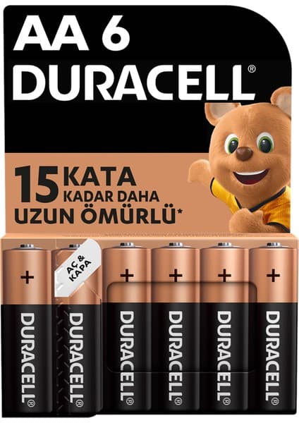 Duracell 6'lı Alkalin AA Pil 1,5 V Yüksek Performanslı Uzun Süreli Kullanım İçin