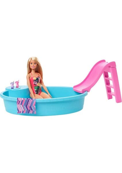 Barbie 30 cm Eğlenceli Havuz Oyun Seti Sarışın Bebek ile Kaydıraklı Renkli Desen Aksesuarlar