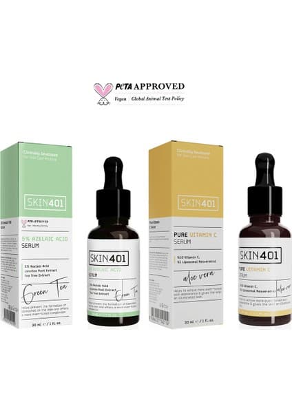 Skin401 Aydınlatıcı Serum Seti 2×30 ml %5 Azelaik Asit ve %10 Vitamin C Tüm Cilt Tipleri için