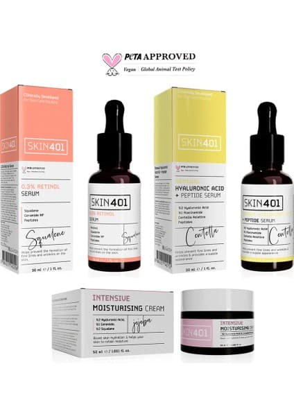 Skin401 Retinol Sandvic Metodu Bakım Rutini Tüm Cilt Tipleri İçin 30ml Serum ve 50ml Krem