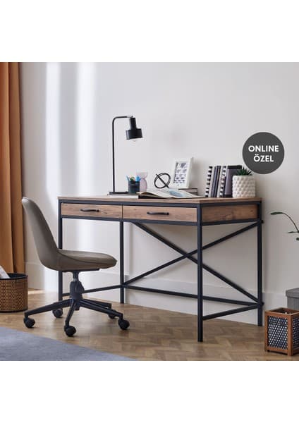 Enza Home Vera Çalışma Masası Ahşap Endüstriyel Tasarım 2 Çekmeceli Dayanıklı Yapı