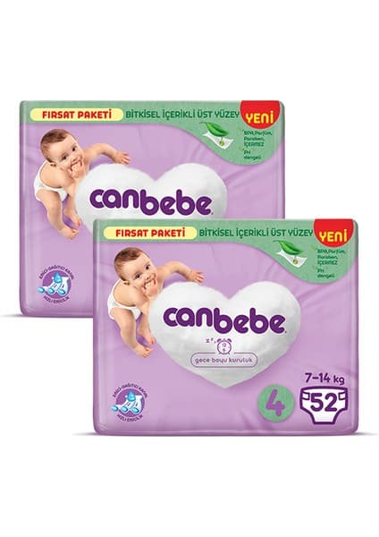 Canbebe Bebek Bezi Fırsat Paketi 4 Beden Maxi (7-14 Kg) 52 Li x 2 Adet