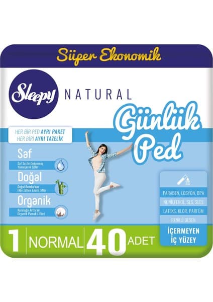 Sleepy Natural Günlük Ped Normal Boy 40 Adet – %100 Vegan, Ultra İnce Tasarım, Ekstra Koruma ve Konfor