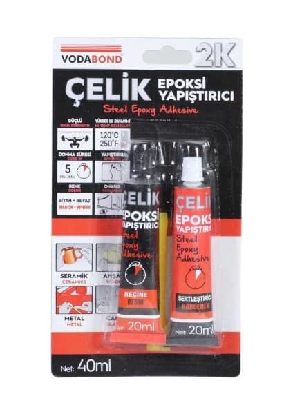 Vodabond 20+20 ml Seramik Ahşap Metal Plastik Cam Çelik Epoksi Yapıştırıcı Gri Renkli Mükemmel Boşluk Doldurma Özelliği ile