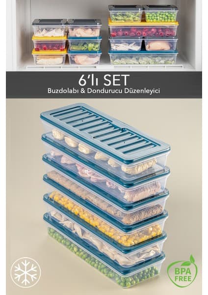 Meleni Home 6'lı Buzdolabı Organizer Mikrodalga ve Difrize Uygun Saklama Kabı Petrol 6 x 1170 ml