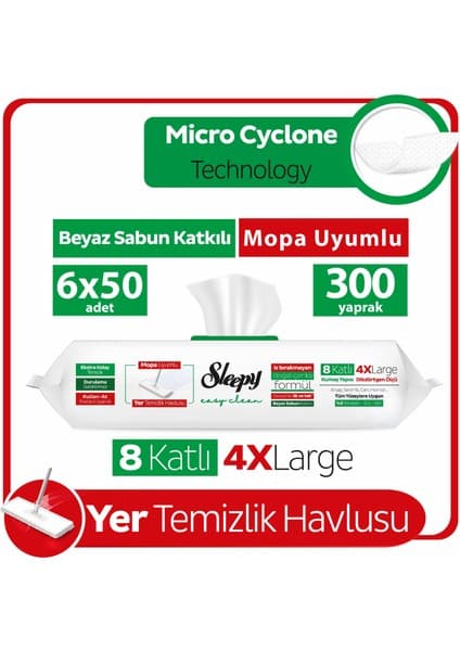 Sleepy Easy Clean Beyaz Sabun Katkılı Mopa Uyumlu Yer Temizlik Havlusu&Mendili 6x50 (300 Yaprak)