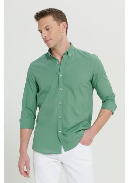 Altınyıldız Classics Erkek Haki %100 Pamuk Nefes Alabilen Kumaş Slim Fit Düğmeli Yaka Flamlı Gömlek