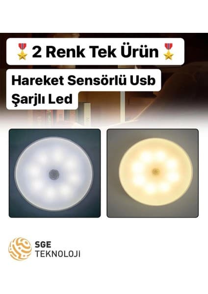 Sge Teknoloji 16 LED 2 RENK 5 MODLU BEYAZ VE GÜN IŞIĞI Hareket Sensörlü type-c şarjlı Led Lamba Koridor Dolap İçi.
