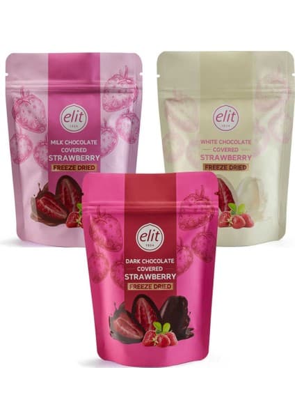 Elit Çikolata Çikolata Çikolata Kaplı Freeze Dried Bütün Çilek Draje 80G 3lü Set