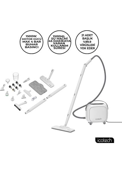 Icotech SC90 Pro 1500 W Multi Fonksiyonel Buharlı Temizlik Makinesi Dikey Kullanım Özelliği ile