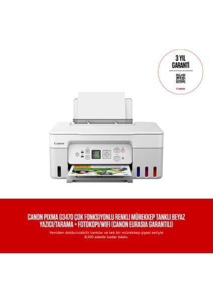 Canon PIXMA G3470 Çok Fonksiyonlu Renkli Mürekkep Tanklı Beyaz Yazıcı/Tarama + Fotokopi/Wifi (Canon Eurasia Garantili)