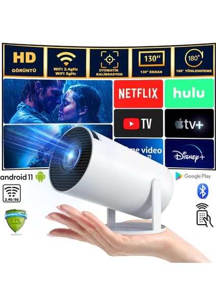 Robeve Mini Projeksiyon Taşınabilir Projeksiyon Cihazı Hd Projeksiyon Cihazı Android 11 Android Tv Projeksiyon Cihazı Ev Sinema Projeksiyon Akıllı Hoparlörlü Projeksiyon Wifi Bluetooth Taşınabilir