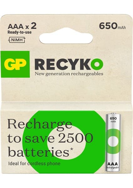 GP Recyko 650 Mah R03 AAA Şarjlı 2'li İnce Kalem Pil