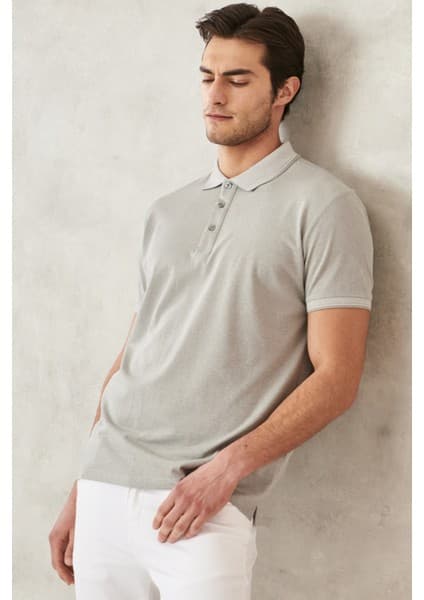 Altınyıldız Classics Erkek Çekmeyen Pamuklu Kumaş Slim Fit Dar Kesim Gri Kıvrılmaz Polo Yaka Tişört