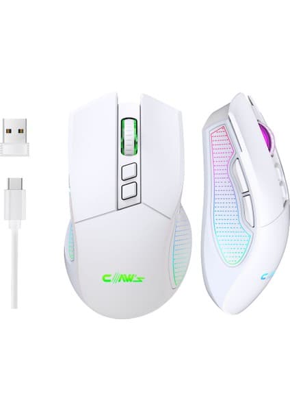 Claw's Crossfire Air V1 Kablosuz 10000 Dpi Pixart PMW3325 Sensör Makro Yazılımlı Chromatic RGB Kablosuz Gaming Mouse - Beyaz (2.4 GHz Kablosuz + BT5.1 + Type-C ile Kullanım Desteği)