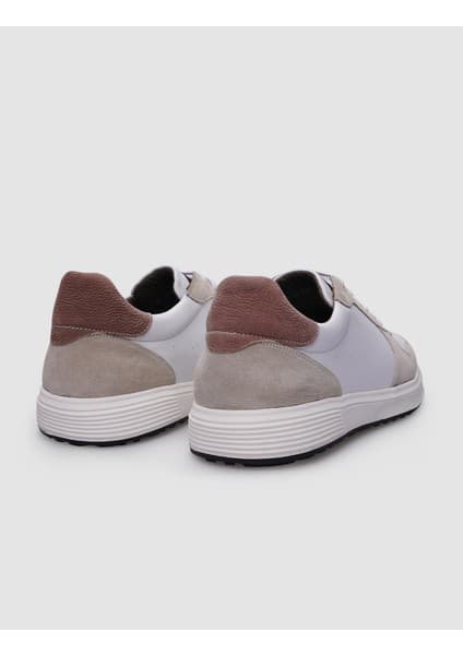 Cabani %100 Hakiki Deri Beyaz - Bej Süet Bağcıklı Erkek Sneaker