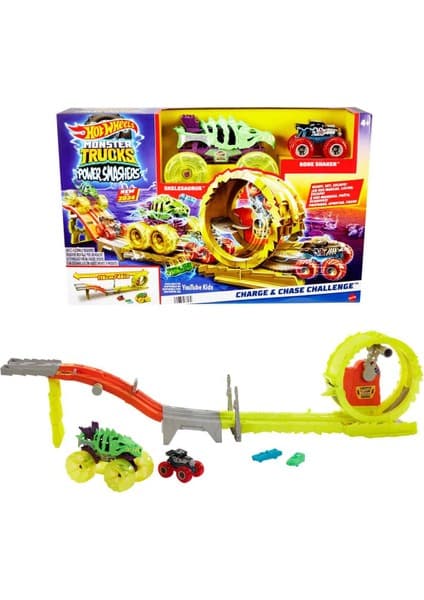 Hot Wheels Monster Trucks Power Smashers Oyun Seti, Devasa Skelesaurus, 1:64 ölçekli Bone Shaker ve 2 ezilmiş araba ile HXT05