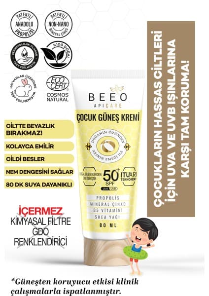 BEE'O Propolisli Organik Çocuk Güneş Kremi SPF 50+, Tüm Cilt Tipleri İçin Suya Dayanıklı ve Nemlendirici, 80 ml