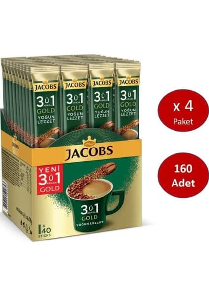 Jacobs 3'ü 1 Arada Gold Yoğun Lezzet Karışım Kahve 160 Adet ( 40'lı Kutu x 4)