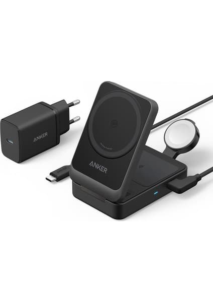Anker Maggo Kablosuz Şarj Istasyonu (Katlanabilir 3'ü 1 Arada) - MagSafe için Apple Watch Şarj Cihazı, iPhone 15/14 için,Apple Watch 9 (40W USB-C Şarj Cihazı Dahil) - B2557 - Siyah