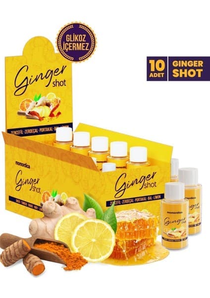 Momordica Zencefil Shot - 10 Adet, Zencefil, Zerdeçal, Portakal, Bal ve Limon İçeren Sıvı İçecek, Türkiye Menşeli