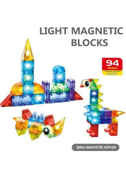 Learning Fun Manyetik Oyuncak Manyetik Blok Seti Stem Oyuncak 94 Parça Dıy Işıklı Manyetik Küpler