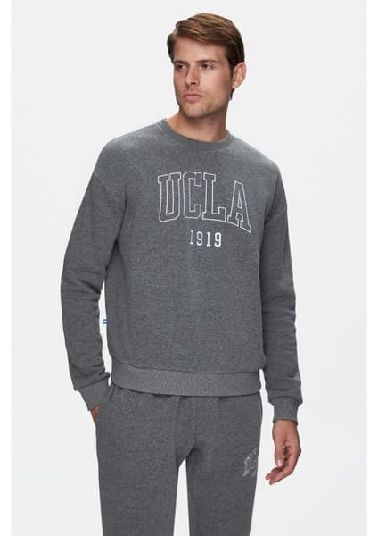 Ucla SANDHILL Koyu Gri Bisiklet Yaka Pamuklu Nakışlı Loose Fit Erkek Sweatshirt