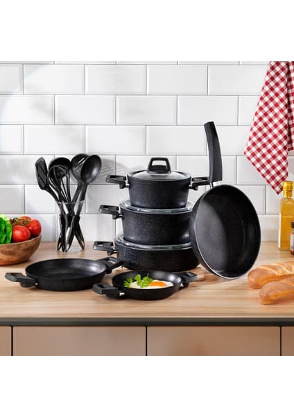 Schafer Black Stone Derin Tencere Seti 14 Parça Siyah Döküm Kaplama ile Şık Tasarım