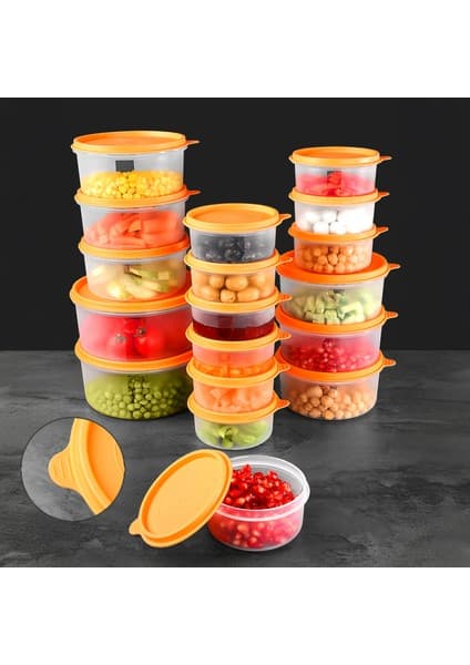 Meleni Home 18LI Yuvarlak Gıda Saklama Kabı Seti Organizer Düzenleyici Erzak Kabı 10X250 6X600 2X1200ML Turuncu