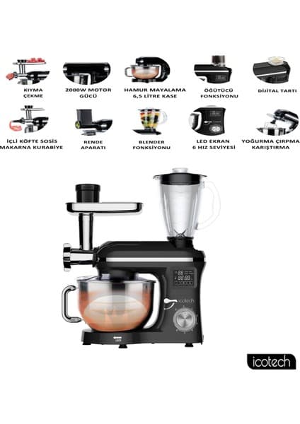 Icotech SM50 Siyah LED Ekranlı Hamur Mayalama Kıyma Çekme Blender 2000W 6,5 Litre Stand Mikser Mutfak Şefi Hamur Yoğurma Makinesi