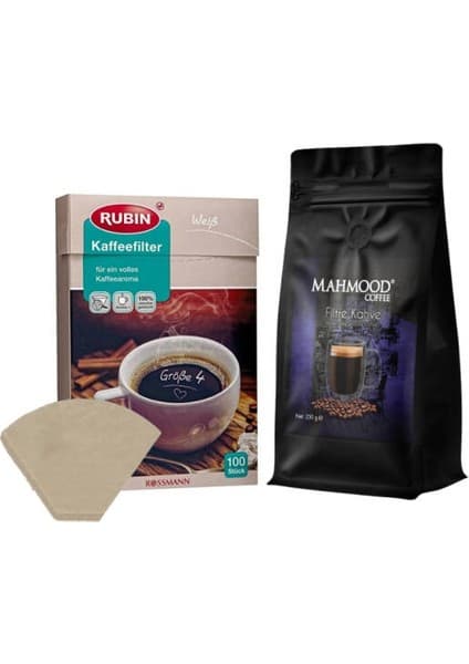Mahmood Coffee Filtre Kahve 250 gr ve Rubin Büyük Boy Kahve Filtresi Naturel Kağıt 4 Numara 100'lü