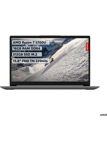 Lenovo Ideapad 1 AMD Ryzen 7 5700U 16GB 512GB SSD Freedos 15.6" FHD Taşınabilir Bilgisayar 82R400R4TR