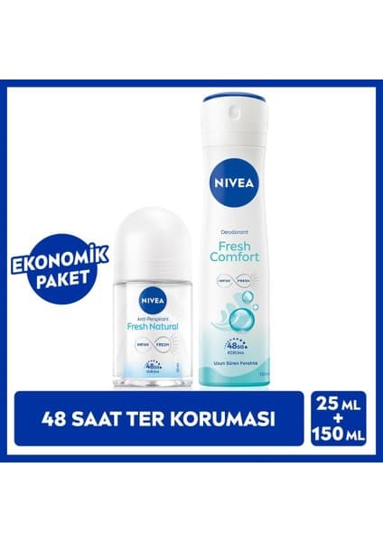 Nivea Kadın Sprey Deodorant Fresh Comfort 150ML ve Mini Roll-On Fresh Natural 25ML, Ter Karşıtı Koruma