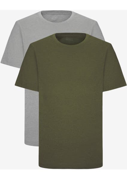 Altınyıldız Classics Erkek Haki-Grimelanj Pamuklu 2'li Tişört Paketi Slim Fit Dar Kesim Bisiklet Yaka