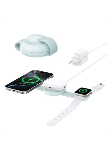 Anker MagGo 3'ü 1 Arada Kablosuz Şarj İstasyonu, MagSafe Uyumlu, 15W Katlanabilir Seyahat Tipi Şarj Standı, Yeşil - B25M8