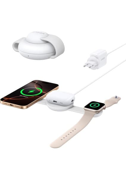 Anker MagGo 3'ü 1 Arada Kablosuz Şarj İstasyonu, MagSafe Uyumlu, 15W Katlanabilir Seyahat Tipi Şarj Standı, Beyaz - B25M8