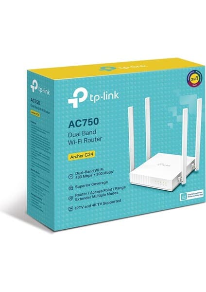 TP-Link Archer C24, AC750 Mbps, Ebeveyn Denetimleri, All-in-one( Router, Access Point, Range Extender) Modları, Dual-Band Wi-Fi 5 Router