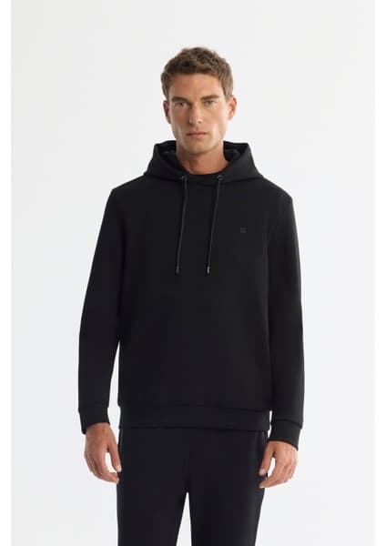 AVVA Erkek Siyah Kapüşonlu Esnek Yumuşak Doku İnterlok Kumaş Basic Regular Fit Sweatshirt B001101