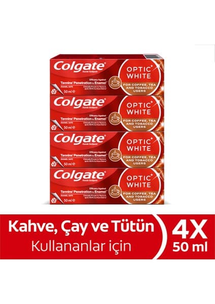 Colgate Optic White Beyazlatıcı Diş Macunu 4 x 50 ml Kahve Çay ve Tütün Kullanıcıları İçin