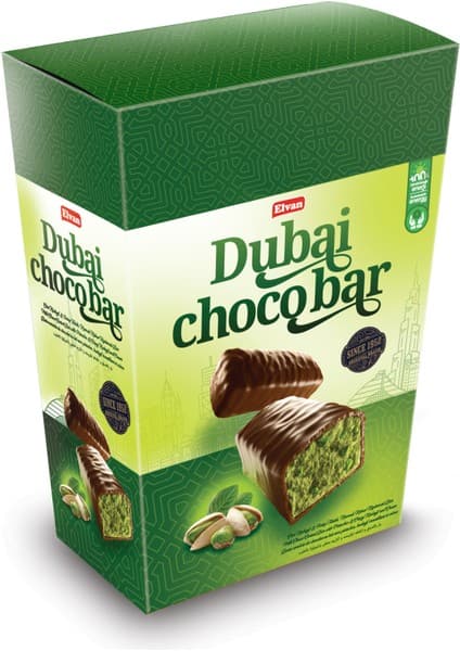 Elvan Dubai Choco Bar 400 gr Sütlü Çikolata Antep Fıstıklı Türkiye Menşeli Lezzet
