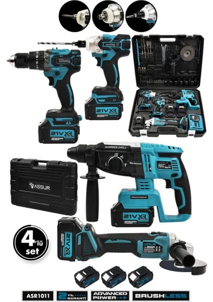 Assur Profesyonel 21V Darbeli Kömürsüz Kırıcı Delici Hilti & Taşlama & Matkap & Somun Sıkma Sökme 4'lü Set