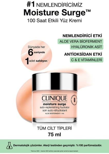 Clinique Moisture Surge™ 100 Saat Etkili Nemlendirici Yüz Kremi 75ml | Aloe Vera BioFerment, Hyalüronik Asit