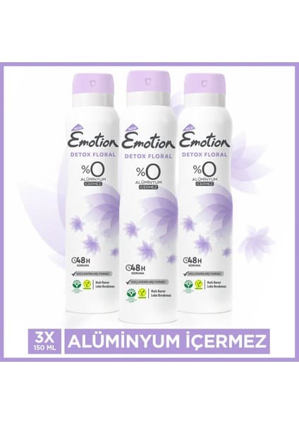 Emotion Detox Floral Kadın Vegan Deodorant 3x150 ml Alüminyumsuz ve Pudrasız Koruma
