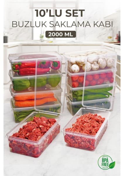 Kitchen Life 10 Adet Kapaklı 2000 ml Derin Dondurucu Saklama Kabı BPA İçermez Çok Amaçlı Kullanım