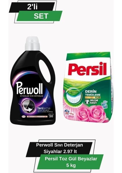 Perwoll 2, 97L Siyah Deterjan + Persil Gül Kokulu Toz 5kg X133 Renk Koruma ve Temizlik Seti
